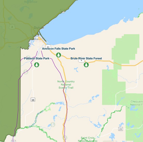 State map of northwestern Wisconsin showing the locations of Pattison and Amnicon State Parks. Lake Superior's southwestern-most shore is shown as well.